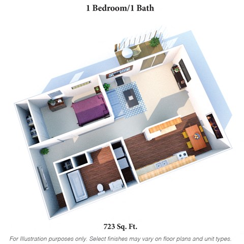 Floor plan for 1 bed, 1 bath, 723 sqft